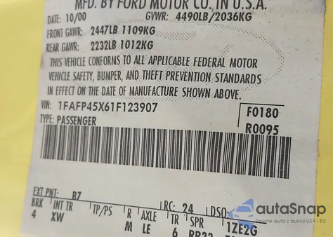 2001 Ford Mustang Gt из США, поврежденный, VIN 1FAFP45X61F123907